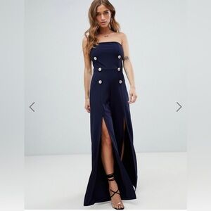 Boohoo Navy Strapless Slitted Jumpsuit Rose Gold Buttons Chic Sailor Soldier